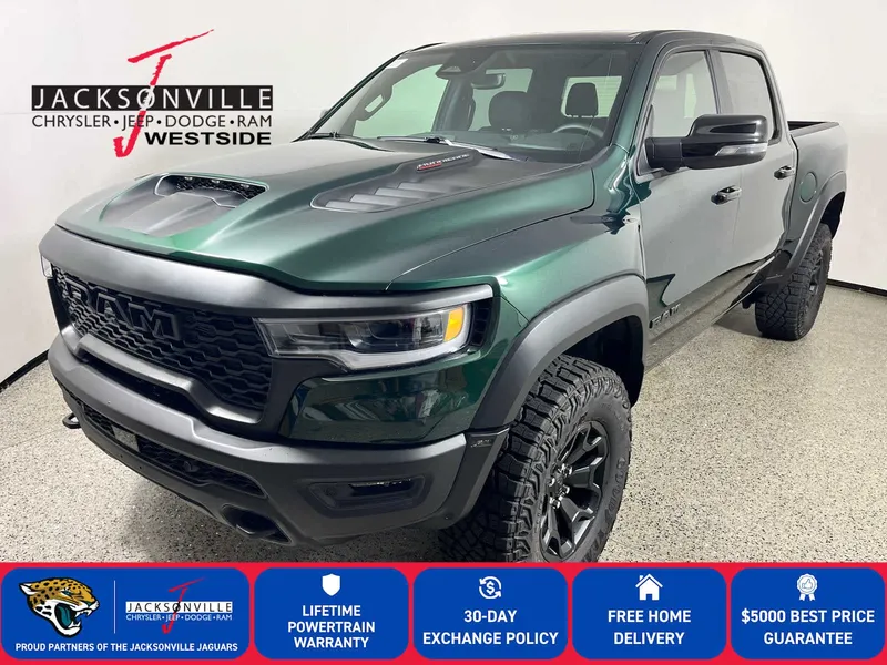 2026 RAM 1500 RHO in Serrano-Green Metallic Exterior Paint — front three-quarter view