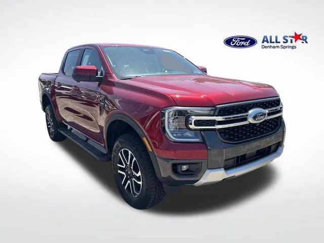 2026 Ford Ranger Lariat in Ruby Red Metallic Tinted Clearcoat — front three-quarter view