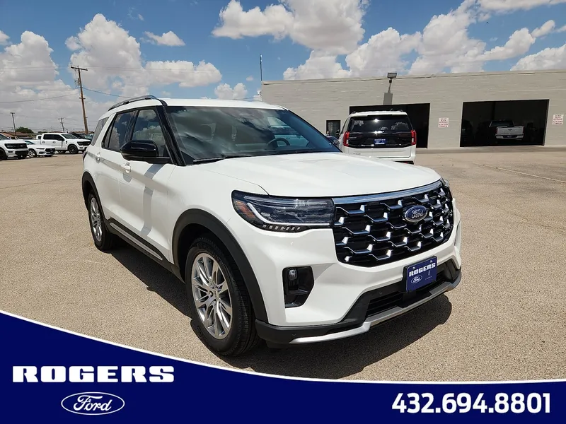 2026 Ford Explorer Platinum in Star White Metallic Tri-Coat — front three-quarter view