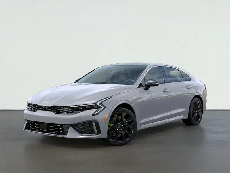 2026 Kia K5 GT in Wolf Gray — front three-quarter view