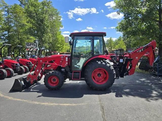 2025 TYM T494 Hydrostatic 48.3 HP Tractor with Cab, Backhoe, & Quick Attach Loader — front three-quarter view