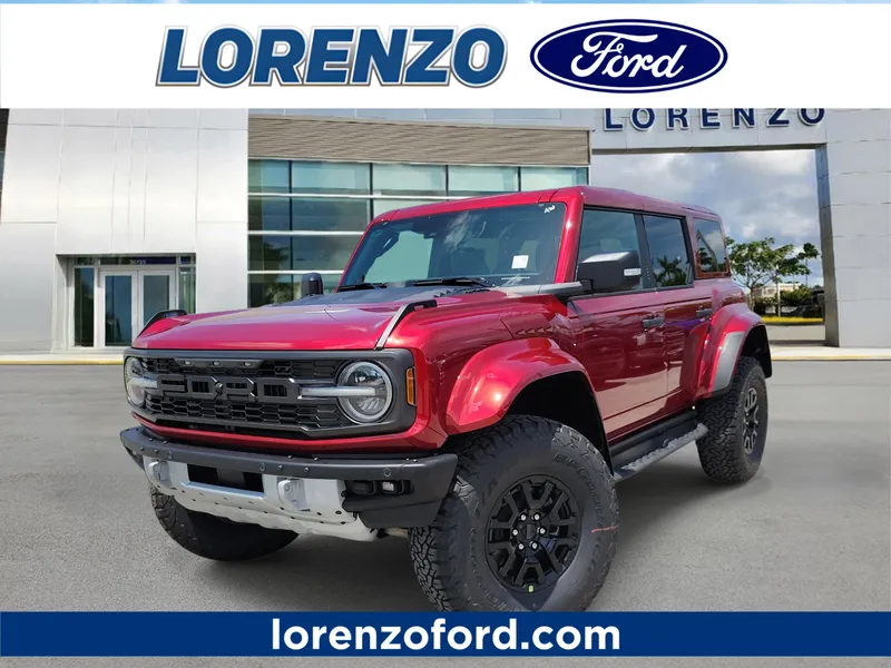 2026 Ford Bronco Raptor in Ruby Red Met Tntd Clearcoat — front three-quarter view