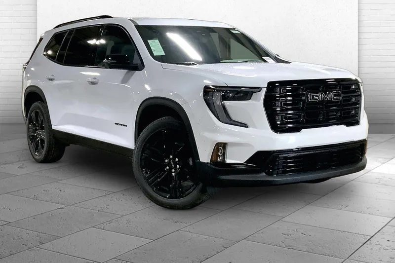 2026 GMC Acadia Elevation in Glacier White Tricoat — front three-quarter view
