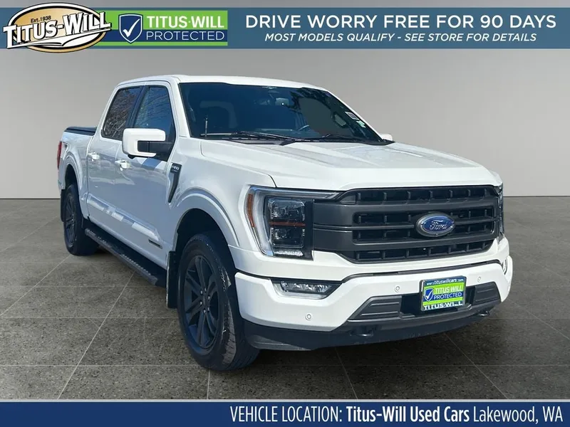 2023 Ford F-150 Lariat Hybrid in White — front three-quarter view