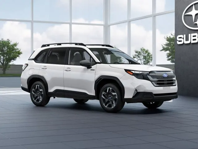 2026 Subaru FORESTER Premium Hybrid in Crystal White Pearl — front three-quarter view