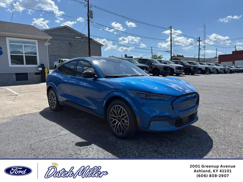 2026 Ford Mustang Mach-E Premium in Velocity Blue Metallic — front three-quarter view