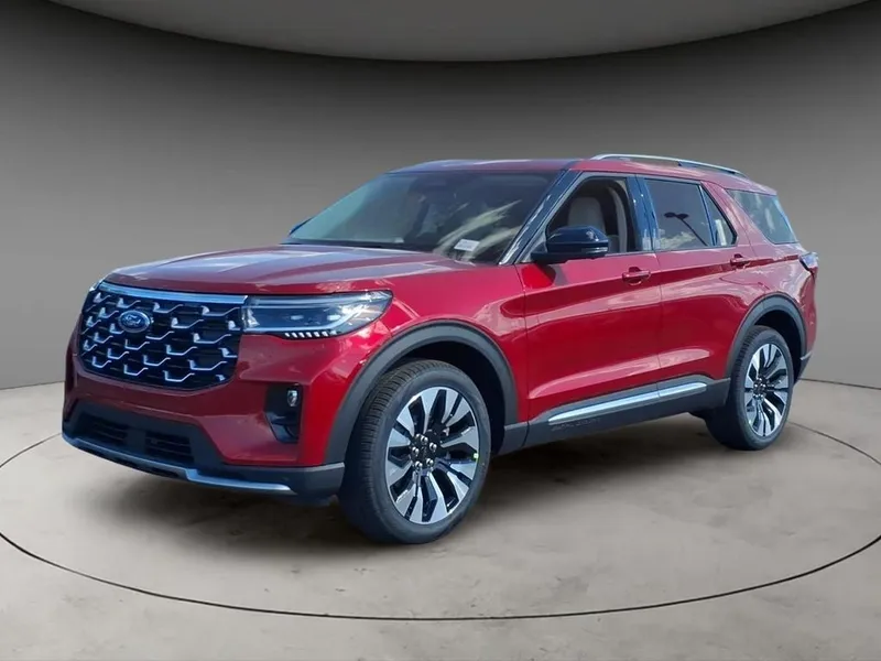 2026 Ford Explorer Platinum in Red Metallic — front three-quarter view