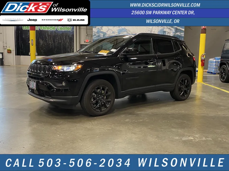 2026 Jeep Compass Latitude in Diamond Black Crystal Pearlcoat — front three-quarter view