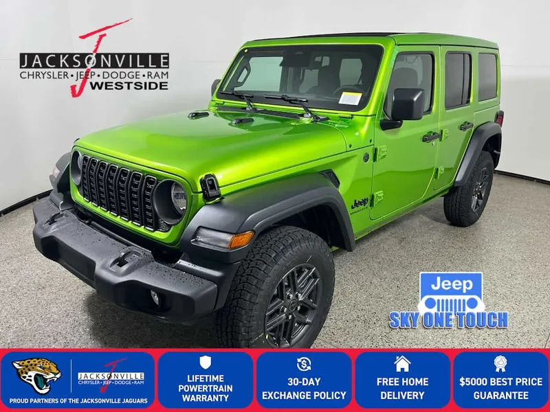 2026 Jeep Wrangler Sport S in Mojito Clear-Coat Exterior Paint — front three-quarter view