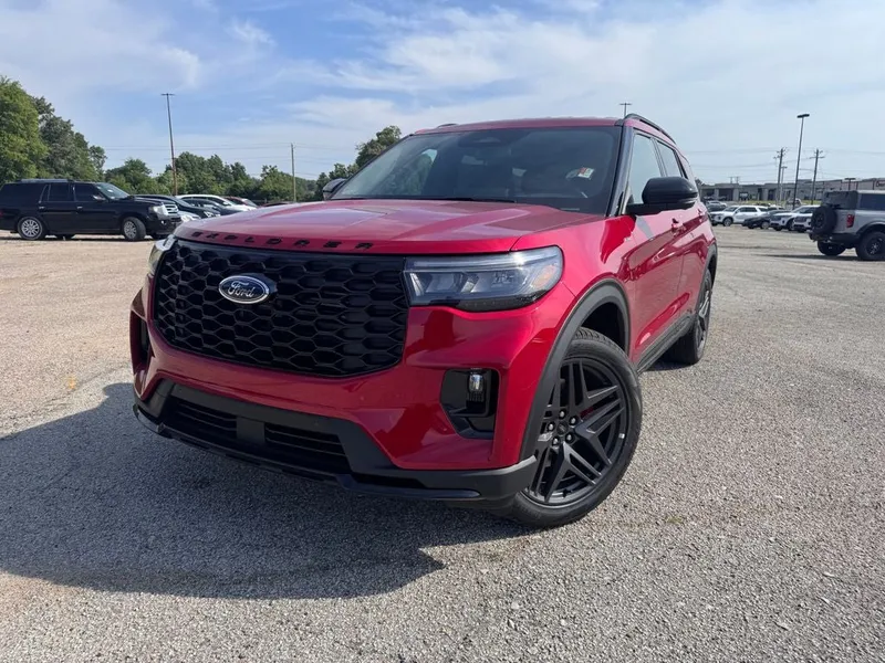 2026 Ford Explorer ST-Line in Red Metallic — front three-quarter view