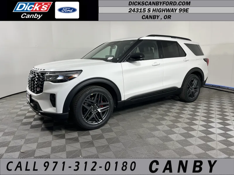 2026 Ford Explorer ST in Star White Metallic Tri-Coat — front three-quarter view