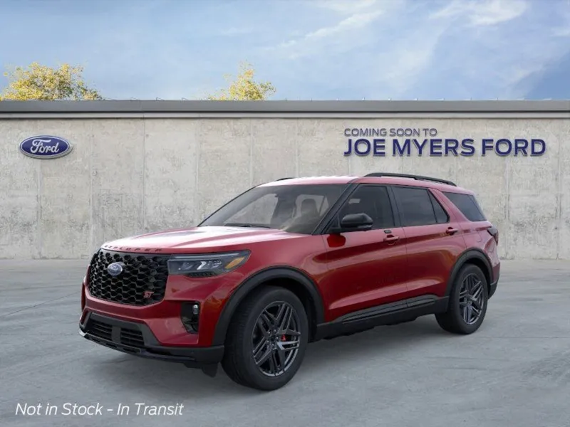2026 Ford Explorer in Rapid Red Tinted — front three-quarter view