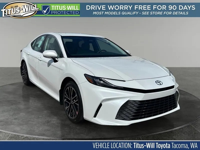 2026 Toyota Camry XLE in Platinum White Pearl Mc. — front three-quarter view