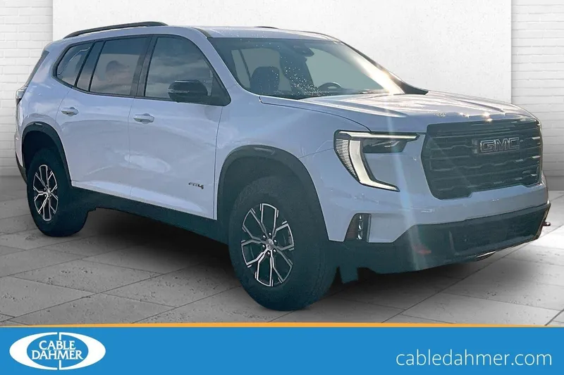 2026 GMC Acadia AT4 in Summit White — front three-quarter view