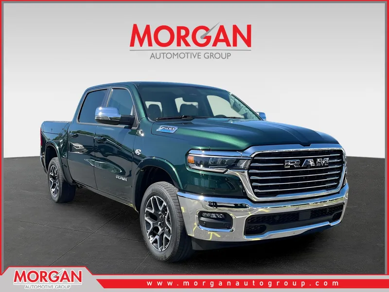 2026 Ram 1500 Laramie in Green — front three-quarter view
