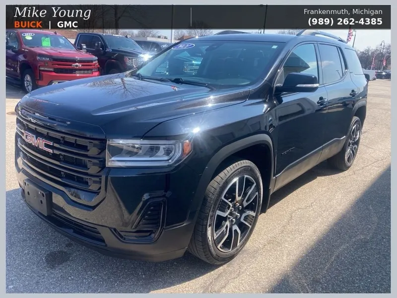2021 GMC Acadia SLE in Ebony Twilight Metallic — front three-quarter view