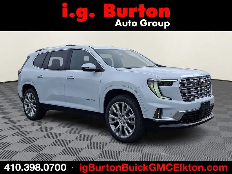 2026 GMC Acadia Denali in Glacier White Tricoat — front three-quarter view