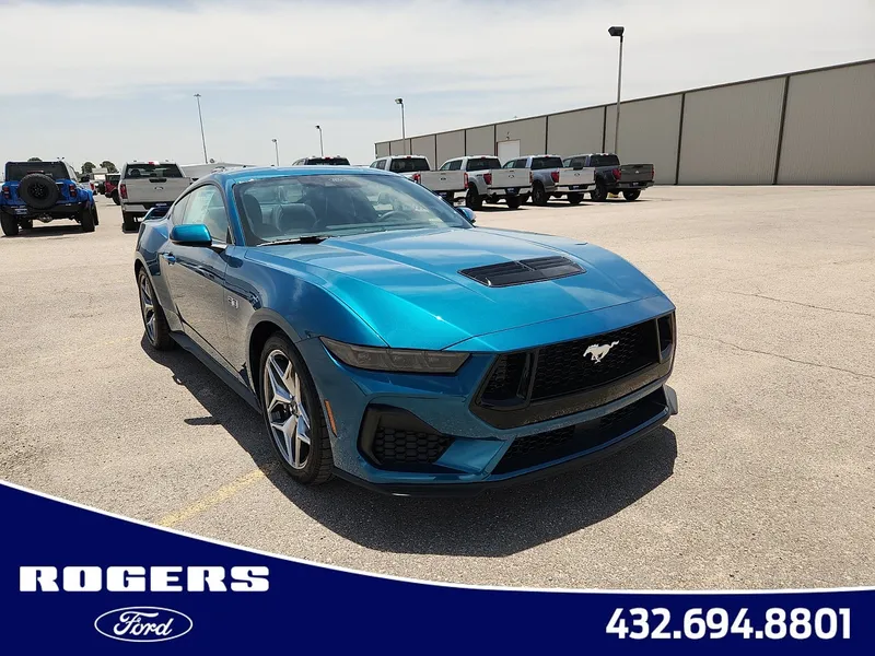 2026 Ford Mustang GT Premium in Adriatic Blue Metallic — front three-quarter view