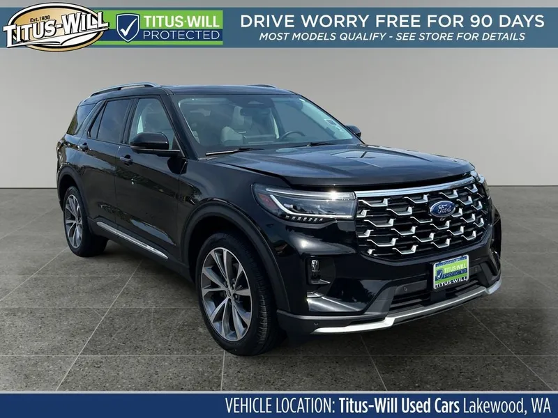2025 Ford Explorer Platinum in Black Metallic — front three-quarter view