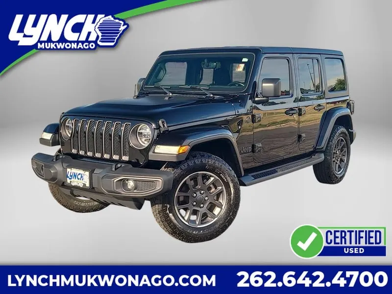 2021 Jeep Wrangler Unlimited 80th Anniversary in Black Clearcoat — front three-quarter view