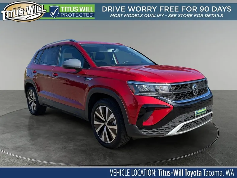 2022 Volkswagen Taos 1.5T SE in Kings Red Metallic — front three-quarter view