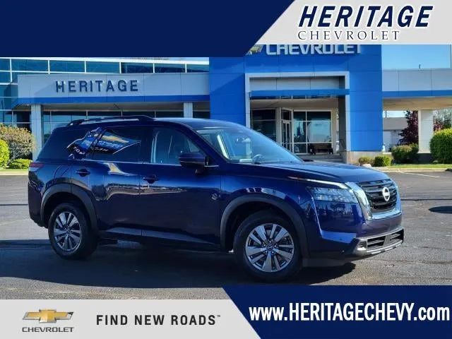 2025 Nissan Pathfinder SV in Blue — front three-quarter view