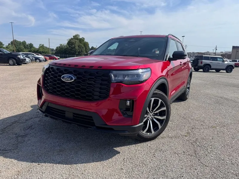 2026 Ford Explorer ST-Line in Red Metallic — front three-quarter view