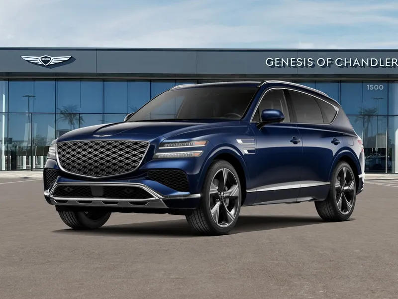 2026 Genesis GV80 2.5T PRESTIGE in Capri Blue — front three-quarter view