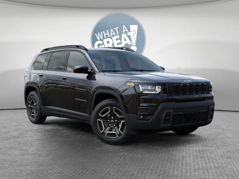 2026 Jeep Cherokee Laredo in Diamond Black Crystal Pearl-Coat Exterior Paint — front three-quarter view