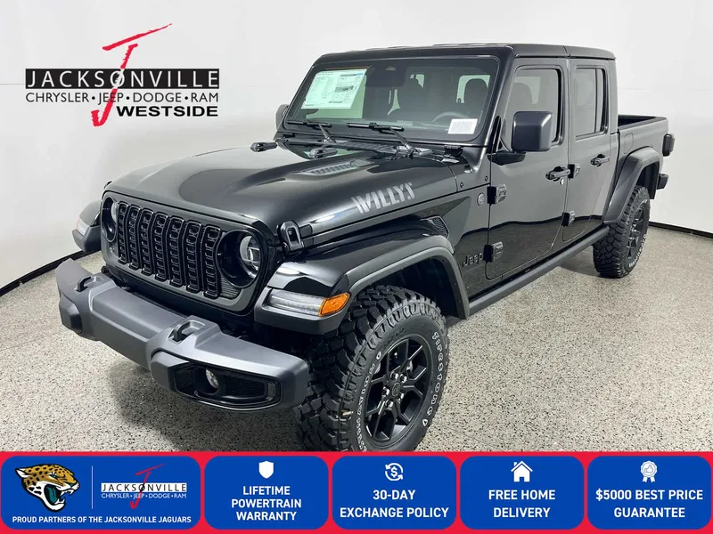 2026 Jeep Gladiator Willys in Black Clear-Coat Exterior Paint — front three-quarter view