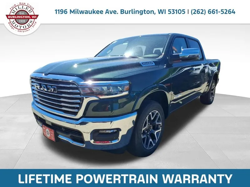 2026 RAM Ram 1500 RAM 1500 LARAMIE CREW CAB 4X4 5'7' BOX in Serrano-Green Metallic Exterior Paint — front three-quarter view