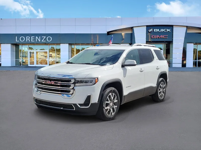 2023 GMC Acadia SLE in Summit White — front three-quarter view