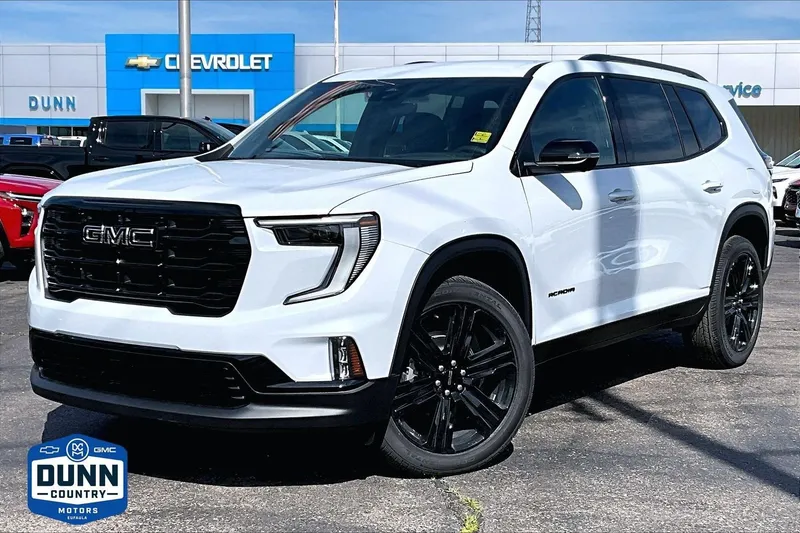 2026 GMC Acadia Elevation in Glacier White Tricoat — front three-quarter view