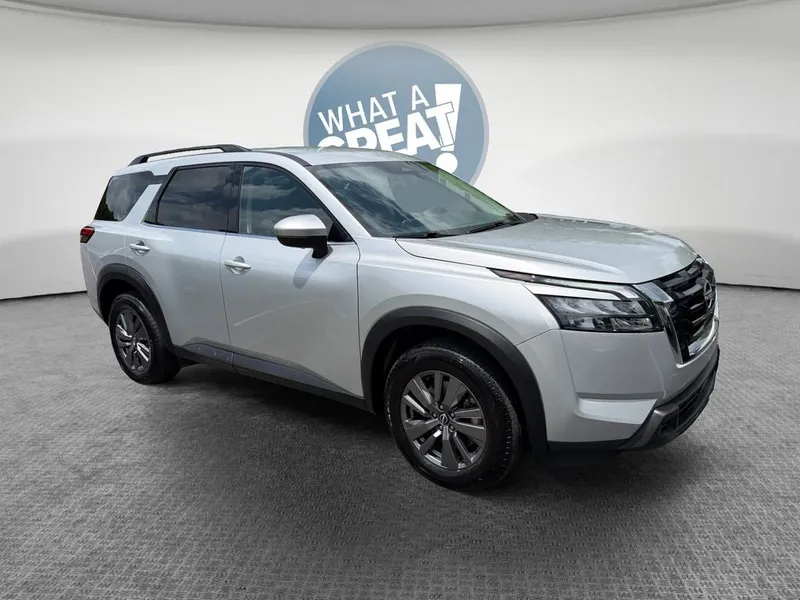 2025 Nissan Pathfinder SV in Brilliant Silver Metallic — front three-quarter view