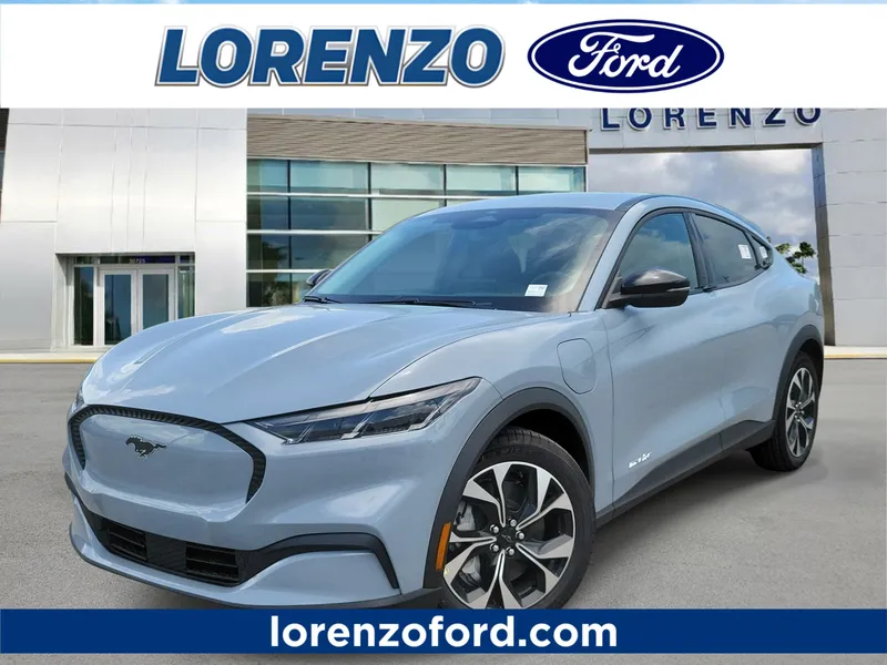 2026 Ford Mustang Mach-E Select in Glacier Gray Metallic Tricoat — front three-quarter view