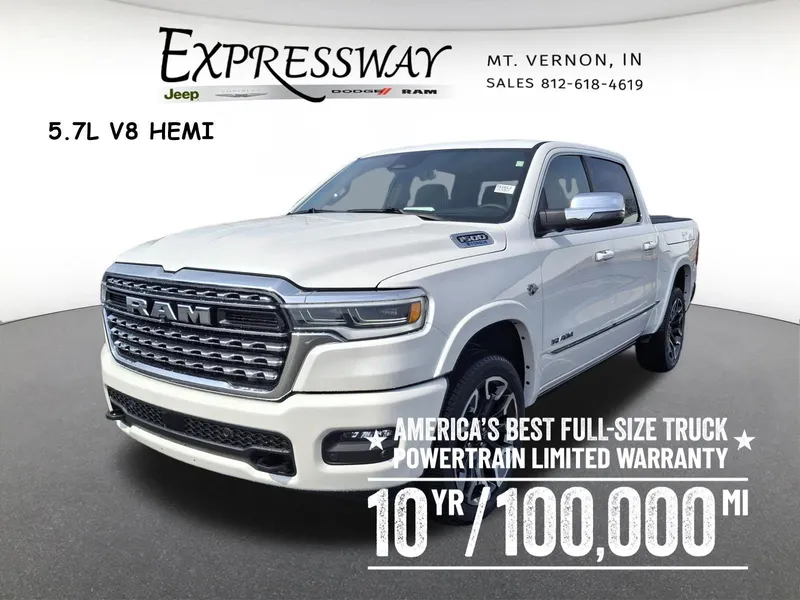2026 RAM 1500 Limited 4x4 Crew Cab 5'7 Box in Ivory White Tri-Coat Pearlcoat — front three-quarter view