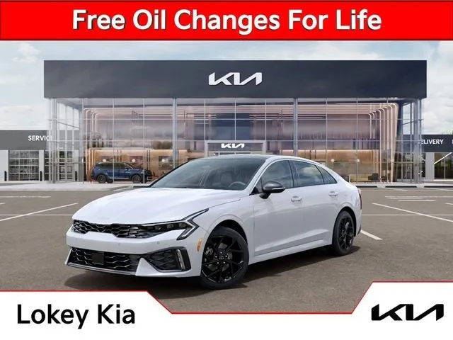 2026 Kia K5 GT-Line in Snow White Pearl — front three-quarter view