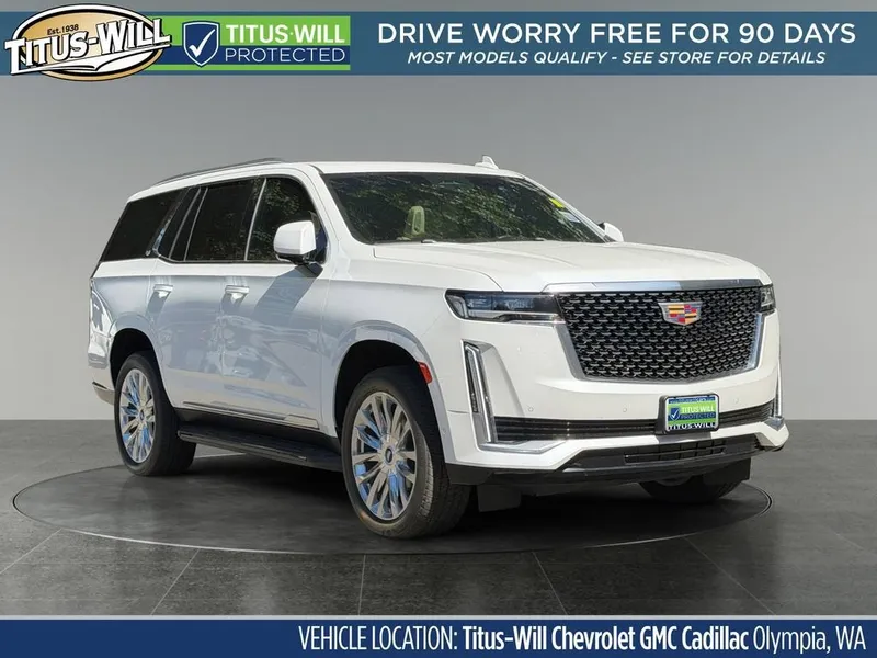 2024 Cadillac Escalade Premium Luxury in Crystal White Tricoat — front three-quarter view