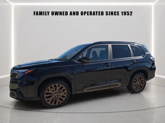 2025 Subaru Forester Sport in Crystal Black Silica — front three-quarter view