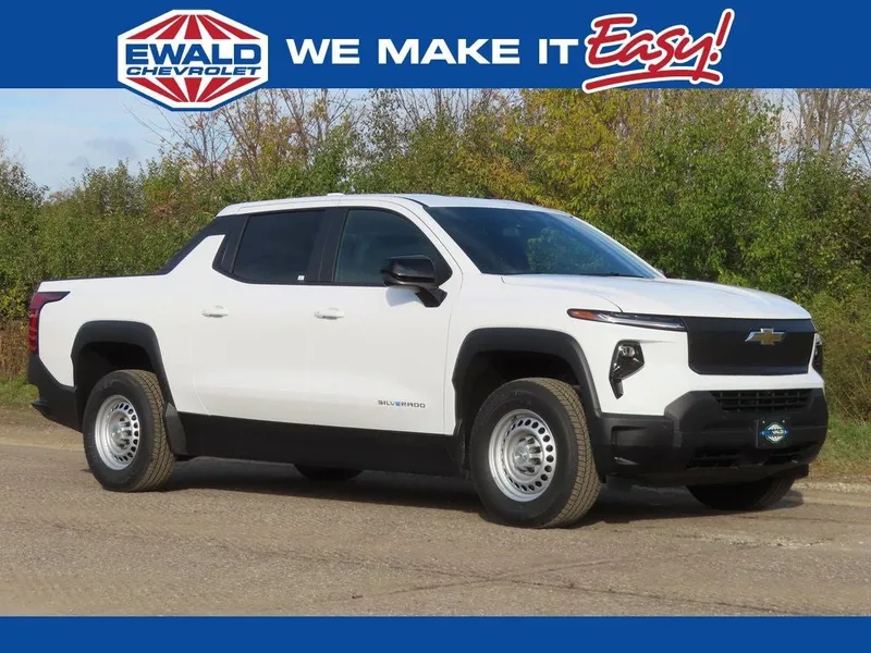 2026 Chevrolet Silverado EV Work Truck in Summit White — front three-quarter view