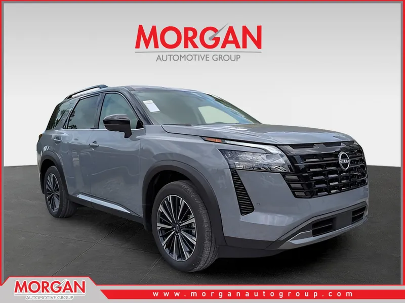 2026 Nissan Pathfinder Platinum in Gray — front three-quarter view