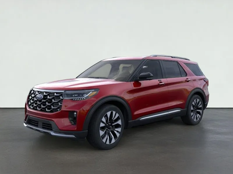 2026 Ford Explorer Platinum in Rapid Red Metallic Tinted Clearcoat — front three-quarter view
