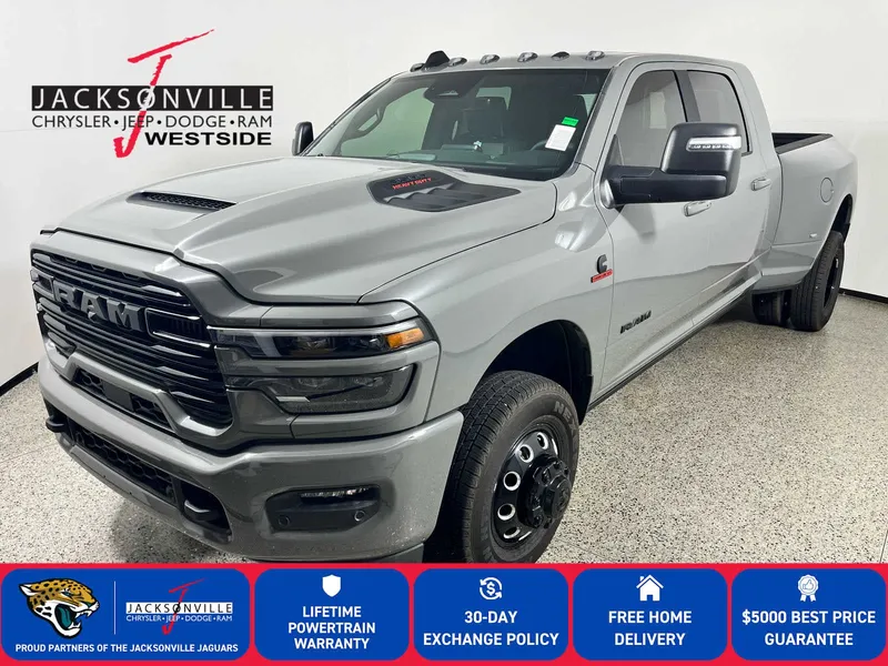 2026 RAM 3500 Laramie in Ceramic Gray Clear-Coat Exterior Paint — front three-quarter view
