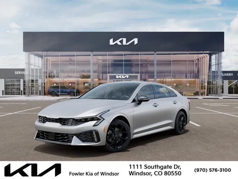 2026 Kia K5 GT-Line in Steel Matte Gray — front three-quarter view