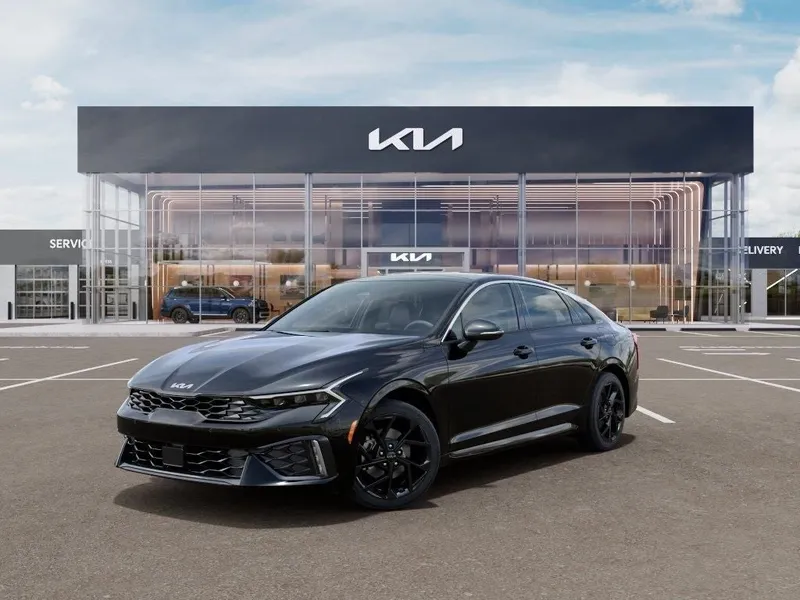 2026 Kia K5 GT-Line in Aurora Black Pearl — front three-quarter view