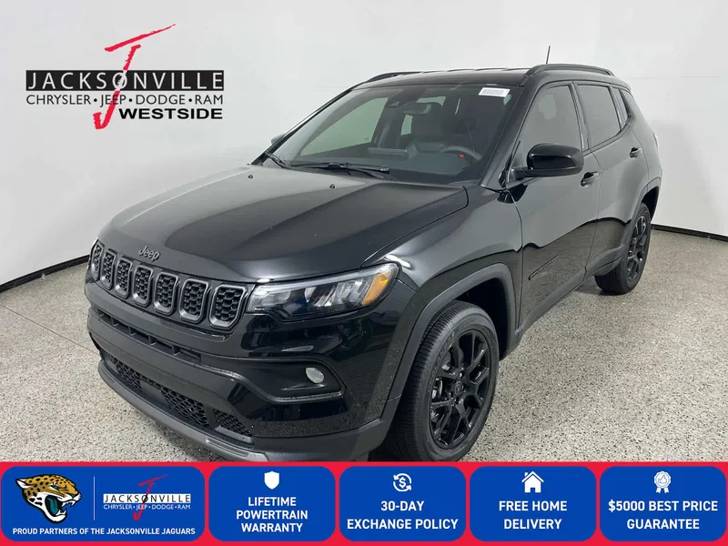 2026 Jeep Compass Latitude in Diamond Black Crystal Pearl-Coat Exterior Paint — front three-quarter view