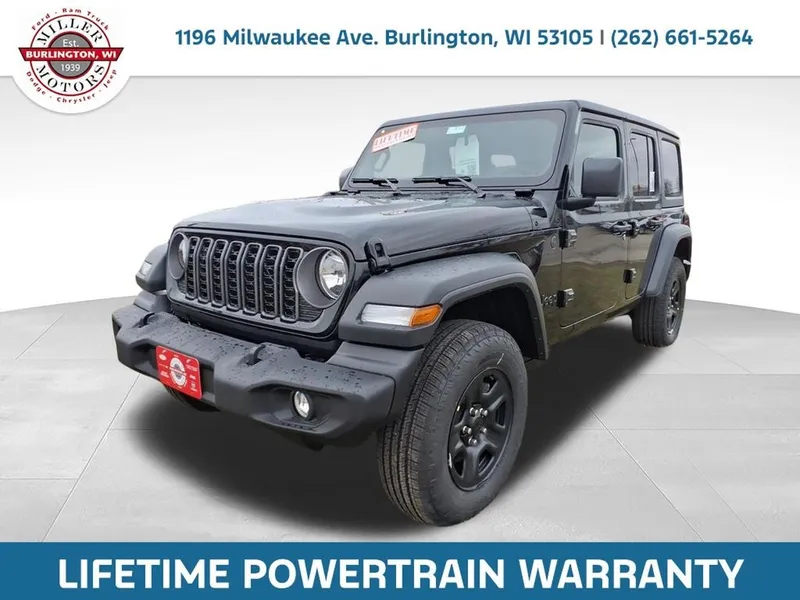 2026 Jeep Wrangler WRANGLER 4-DOOR SPORT in Black Clear-Coat Exterior Paint — front three-quarter view