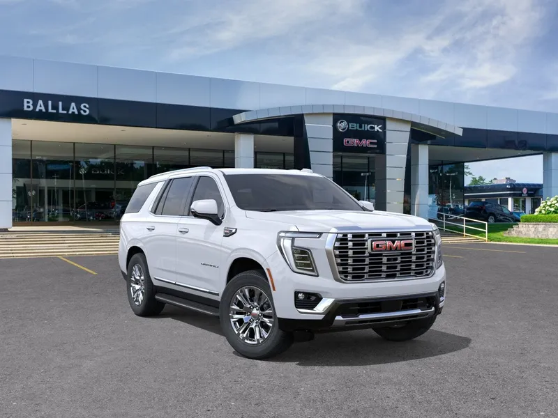 2026 GMC Yukon Denali in Glacier White Tricoat — front three-quarter view