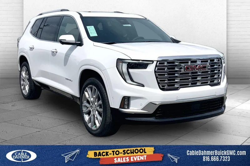 2026 GMC Acadia Denali in Summit White — front three-quarter view