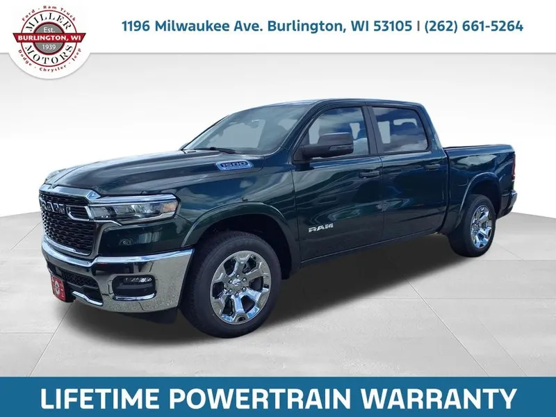 2026 RAM Ram 1500 RAM 1500 BIG HORN CREW CAB 4X4 5'7' BOX in Serrano-Green Metallic Exterior Paint — front three-quarter view